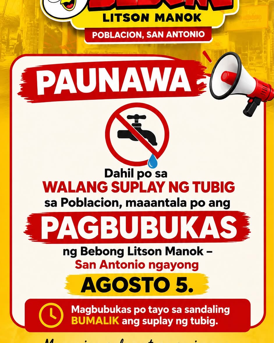 arteriarock's tweet photo. Paalala sa mga suki: Maaantala ang pagbubukas ng Bebong Litson Manok Poblacion, San Antonio, Quezon ngayong Agosto 5 dahil sa pansamantalang pagkawala ng suplay ng tubig. Mag-a-update kami sa oras na makapagbukas. Salamat sa pag-unawa. https://t.co/v2nQcTW2yL