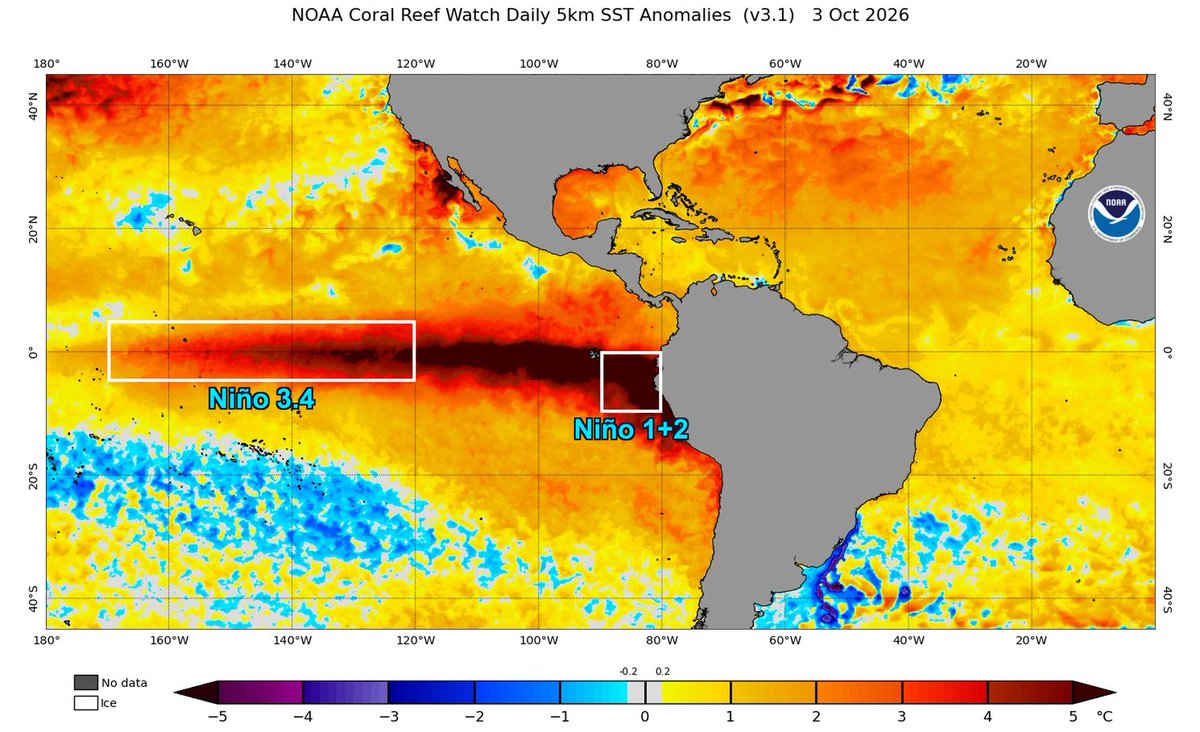 hombredeltiempo's tweet photo. RECORDs
#Lima-#Callao registra su noche más cálida del año 2026 con 22.7°C 🤯
#Niño 1+2 salta +0.6°C y llega a +5.3°C (#NOAA OISST.v2 ONI)
#Niño 3.4 en +3.2°C (#NOAA OISST.v2 ONI)
Records de temperaturas mínimas más altas (noches más cálidas) de hoy 5 de octubre para cualquier día del mes, de cualquier año, desde que hay datos :
#Tumbes: 24.7°C (Empate)
#Trujillo: 23.4°C
#Lima-#Callao: 22.7°C (+7.1°C de anomalía 1980-2025) Y MAYOR TEMPERATURA NOCTURNA DE 2026
RECORD: NIÑO 1+2: #NiñoCostero mantiene condición de evento extraordinario y es holgadamente más cálido (+5.3°C valor de la última semana) que eventos previos para la fecha. Esta semana la #NOAA presenta un salto de +0.6°C en la anomalía. Ello obliga a elevar a +6°C el eje de valores de calentamiento. Supera en +1.6° a la anomalía de esta misma fecha de 1997. Notable.
#Temperaturas en la costa peruana superarían a las observadas, durante lo que resta de la primavera y el verano, a los eventos extraordinarios de 1997-1998 y 1982-1983.
Los vaticinios de un #ElNiño extremo se materializan. Tanto para Niño 1+2 como para NIÑO 3.4.
Data OISTT.v2 ONI @NOAA
Proceso @AmbiandPeru