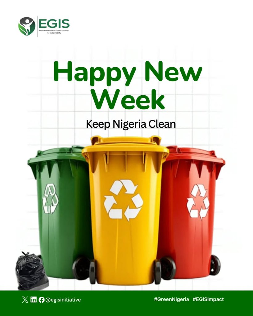egisinitiative's tweet photo. Happy New Week from EGIS! 

A clean environment starts with the choices we make every day. Let’s make proper waste disposal, recycling, and responsible waste management a habit, not just an occasional effort.

This week, let’s do our part to Keep Nigeria Clean. 🇳🇬 https://t.co/XX3c2jed4z