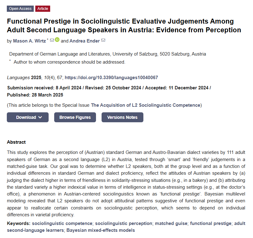 Languages_MDPI's tweet photo. 🔥Read our Highly Viewed Article!
Functional Prestige in Sociolinguistic Evaluative Judgements Among Adult Second Language Speakers in Austria: Evidence from Perception
✏️by Mason A. Wirtz and Andrea Ender
🔗https://t.co/P1O1gZAKqp
#LanguagesMDPI #Linguistics #Sociolinguistics https://t.co/YJtA8TyWl1