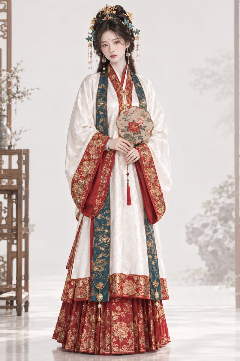 yuai0o's tweet photo. 明制白底红金大衫
一位明代仕女，身着月白底大衫，红金织金为饰，华贵端庄。
月白缎地直领对襟大衫，衣长过膝、大袖过手；大襟边袖口衣摆以石榴红织金缎作宽襕边三道，织缠枝牡丹纹；前襟一对金质子母扣，扣下垂小葫芦结。
内着石榴红交领长袄，领口微露一线红；下系红底织金马面裙，裙门织金缠枝花卉纹。
（可选）深青色霞帔一条，饰织金云霞纹，金坠子压角——礼服全套用，常服可省。
牡丹头高髻，罩金丝䯼髻；正面 C 位簪金累丝嵌红宝石双凤纹分心一支（簪脚向上）；两侧掩鬓各一，点翠蝴蝶花钗缀珍珠流苏垂及肩；脑后金步摇一对。
淡扫蛾眉（较唐代细长），薄粉，小花钿，绛唇——取明代画像的清雅，不似唐代浓艳。
金镶珠石丁香耳坠一对，白玉镯一只；可持缂丝牡丹团扇。
素缎柔光＋织金缎华光＋点翠孔雀蓝绿变色，"极繁"但有序，红金白三色主导。
端庄持重、大家闺秀（明代命妇画像神韵），微笑含蓄。
工笔画质感，柔和侧光突出织金与点翠光泽，博古架/庭院虚景为背景；半身以上构图，适合定妆特写镜。
负面：清代大拉翅旗头，旗袍盘扣，唐式袒领齐胸裙，塑料仿点翠，现代婚纱头纱，拉链，短袖，人物畸形，多手指，文字水印。
考据：形制依《明史·舆服志》《大明会典》（大衫霞帔为命妇礼服，直领对襟大袖）；头面 10-13 件成套、金累丝点翠以定陵出土实物为准；髻式参考范濂《云间据目抄》。