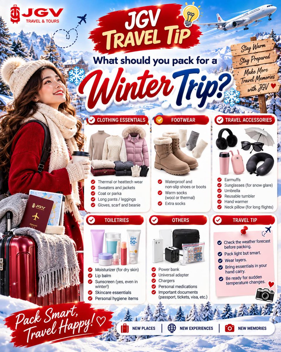 Shortyy616O9's tweet photo. Planning a winter trip? Pack warm layers, comfy shoes, travel essentials, and important documents. Save this checklist for your next winter getaway. https://t.co/up8hoZF7aC