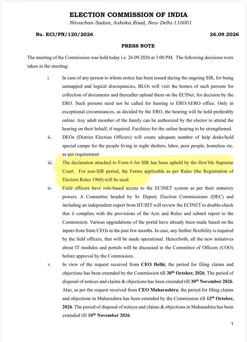 vijaythottathil's tweet photo. The truth is out: The Supreme Court has clarified that it never approved the modified Form 6 used during SIR.

Yet on September 26, the ECI claimed the declaration attached to Form 6 had been upheld by the Supreme Court.

This is significant, especially as reports say Election Commissioners Sukhbir Singh Sandhu and Vivek Joshi had objected to the changes.

So the key question remains: If the Supreme Court did not approve the change, and two Election Commissioners objected, who authorised the modified Form 6 and under what legal authority?

Gyanesh Kumar has no moral right to continue as CEC!