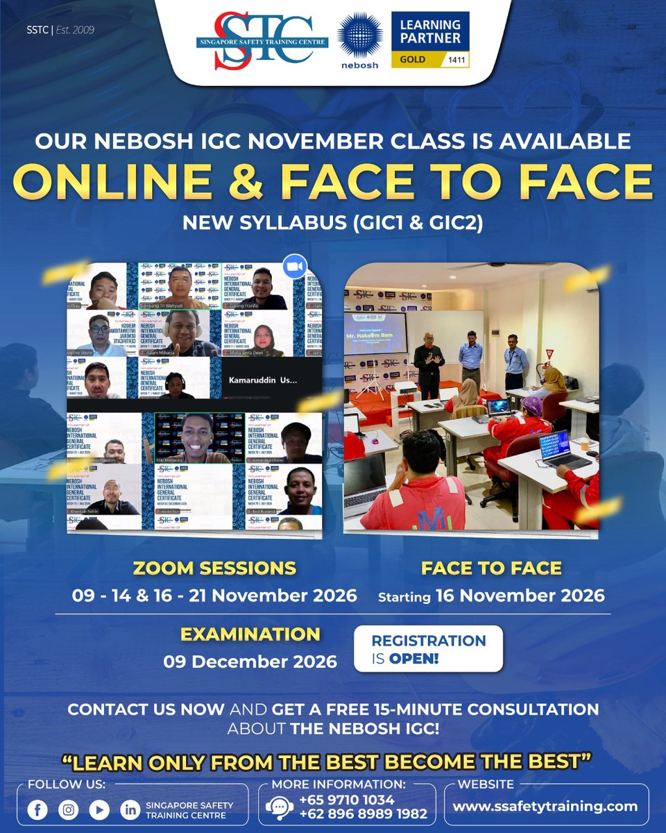 ssafetyraining's tweet photo. Kelas NEBOSH International General Certificate!

📆 Jadwal Pelatihan :
Zoom : 09-14 &amp; 16-21 November 2026
Tatap Muka/Face-to-Face: Start 16 November 2026
Open Book Examination: 09 Desember 2026

Learn only from the best, Become the best!!

Hubungi kami di
Wa: +62 896-8989-1982 https://t.co/Pa7DRmqlCx