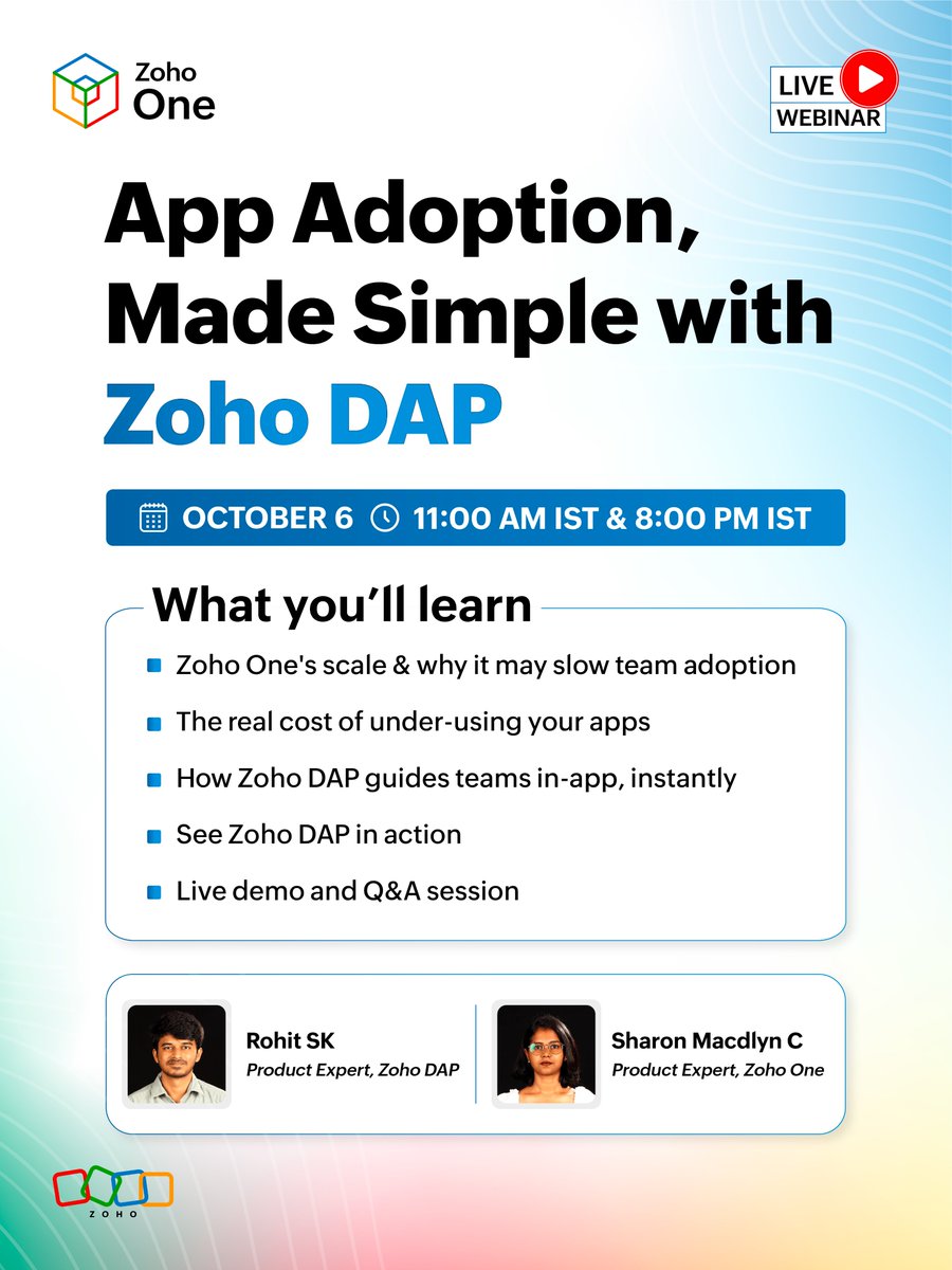 ZohoOne's tweet photo. 50+ apps in Zoho One. Most teams use a fraction of them.

Join us and the @ZohoDAP team to see how in-app guidance helps teams actually adopt the suite. 

Walkthrough + Q&amp;A included.
🔗 APAC, India, MEA, ANZ: https://t.co/4S1zR4vgzt
🔗 EMEA &amp; the Americas: https://t.co/n7aLZabSI2 https://t.co/sDTwBXibwx