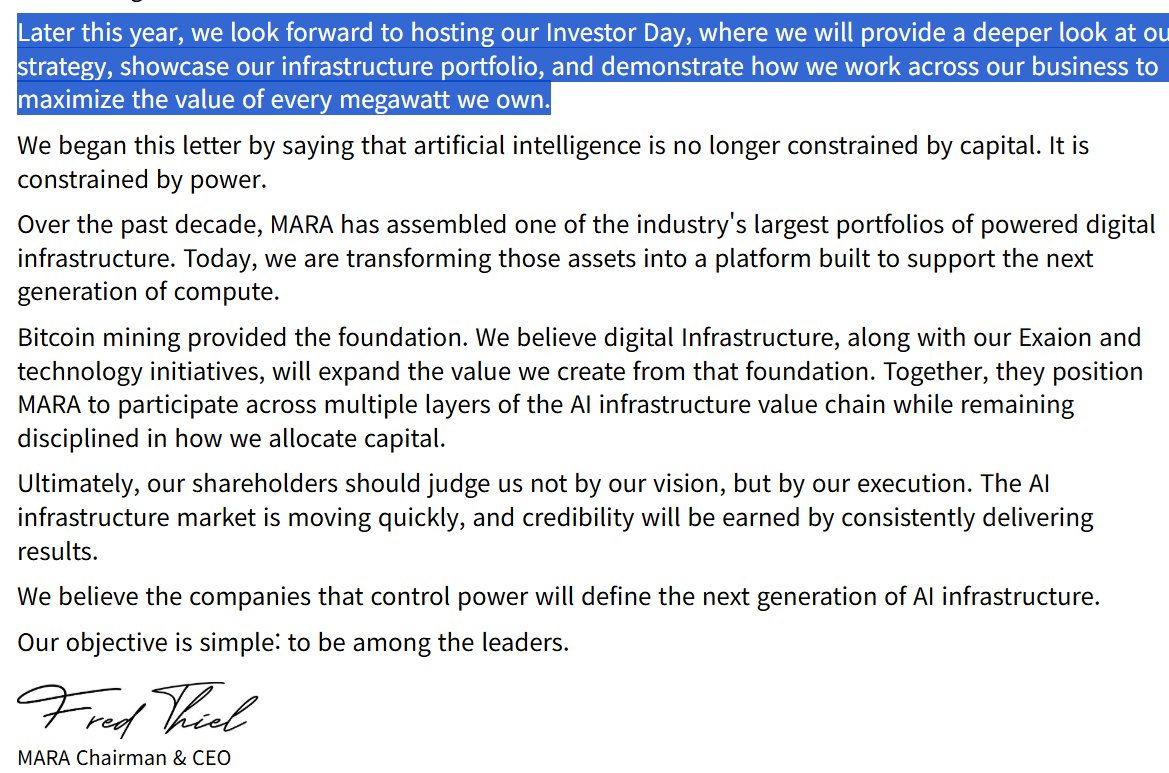 HashAndPower's tweet photo. You promised a $MARA Investor Day later this year. It’s October. Set the date.

Long Ridge. Matagorda. The lease pipeline. 
What each owned megawatt is worth.

Time to show the market what it’s missing. 
@fgthiel
