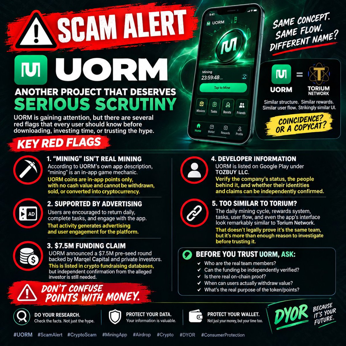 errboyyy's tweet photo. 🚨 UORM SCAM ALERT‼️

UORM is following the same playbook as #ToriumNetwork — similar mining cycle, rewards, tasks, referrals, and overall user flow.

Different name. Same suspicious formula.
🚫 Don’t get fooled by the new branding.

#UORM #Torium #ScamAlert #CryptoScam #DYOR https://t.co/UOk4GgJDqG