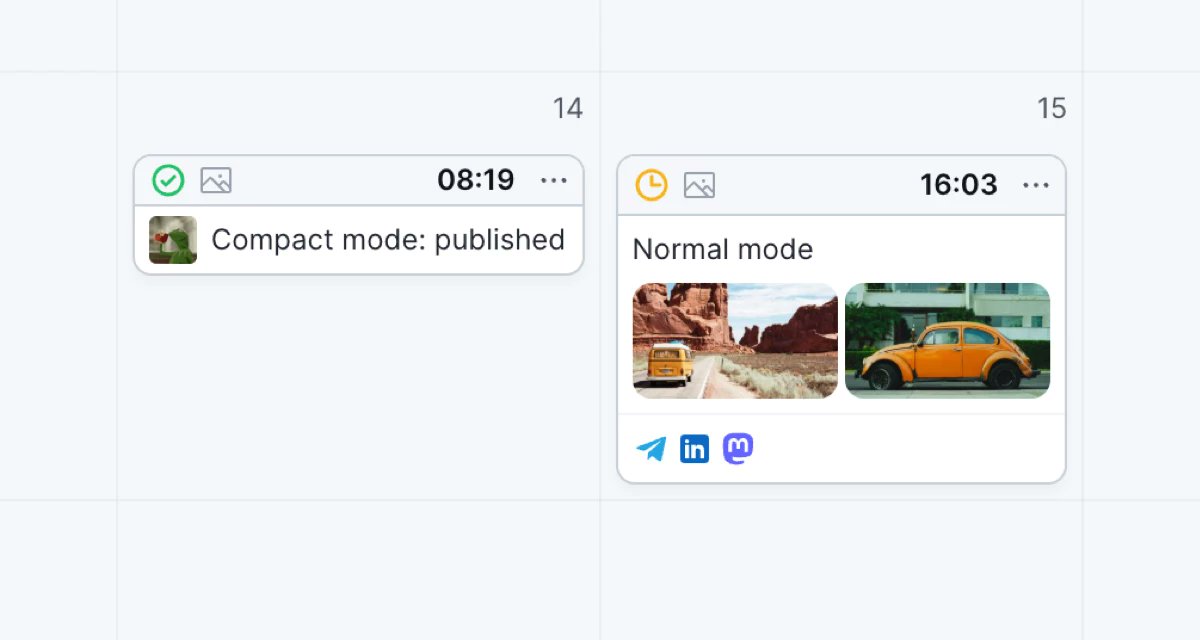 PostFlowApp's tweet photo. 📅 Calendar compact mode

Planning a lot of posts? Compact mode shrinks post previews and keeps your calendar tidy. https://t.co/6EN4FbdbaL