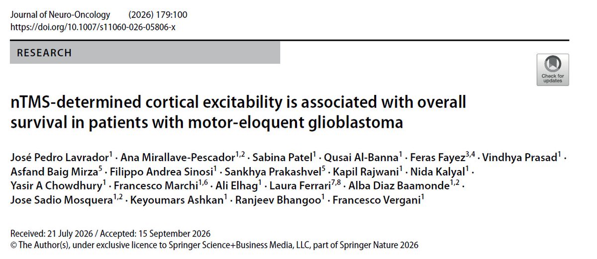 KingsNeuro's tweet photo. 🧠 Can non-invasive brain stimulation predict glioblastoma survival before surgery?
1/5 Our study @KingsCollegeNHS  evaluated 77 patients with motor-eloquent grade 4 IDH-wildtype glioblastoma undergoing surgical resection followed by Stupp protocol. 👇
@lavrador_jose @Sabzp87 https://t.co/Ewi1AabE63