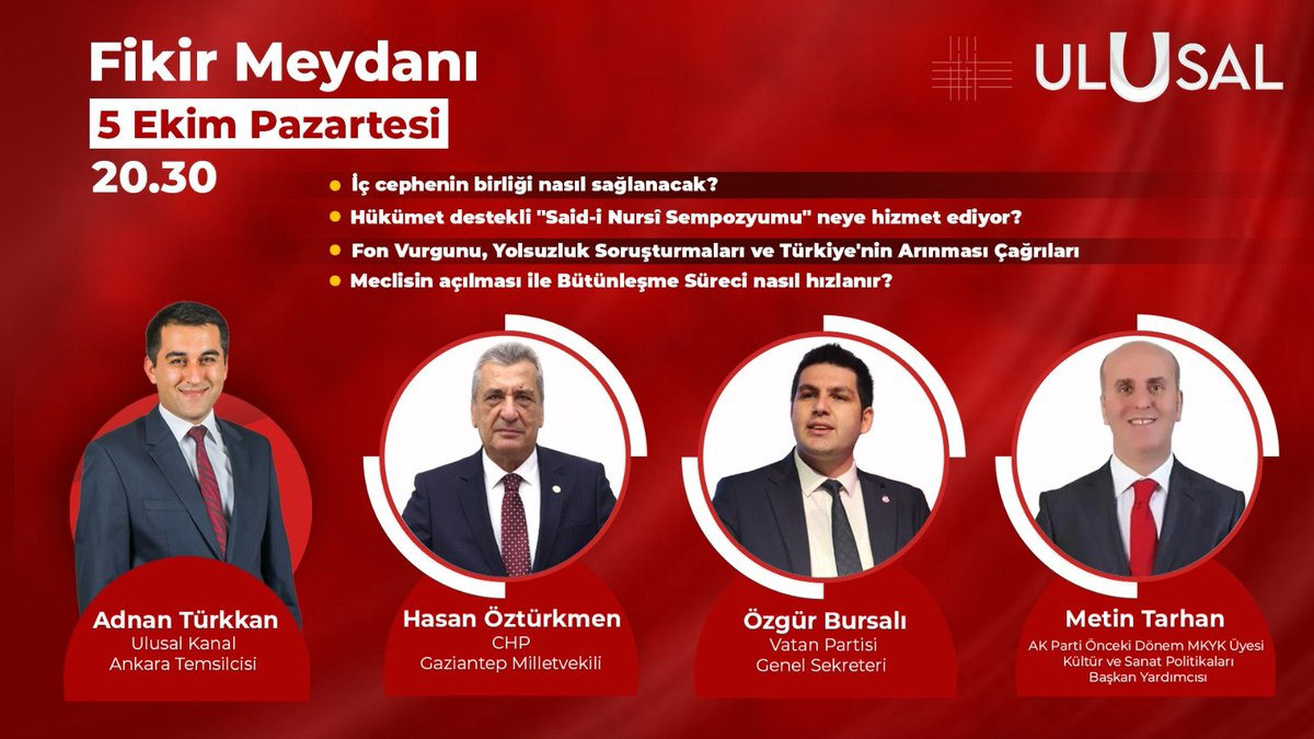 Vatan_Partisi's tweet photo. Genel Sekreterimiz Özgür Bursalı, Ulusal Kanal'da Adnan Türkkan'ın sunduğu Fikir  Meydanı programına konuk olacaktır. 

📆 5 Ekim, Pazartesi (Bugün)
⏰ 20.30
📹 Ulusal Kanal https://t.co/JkZxocFUP0