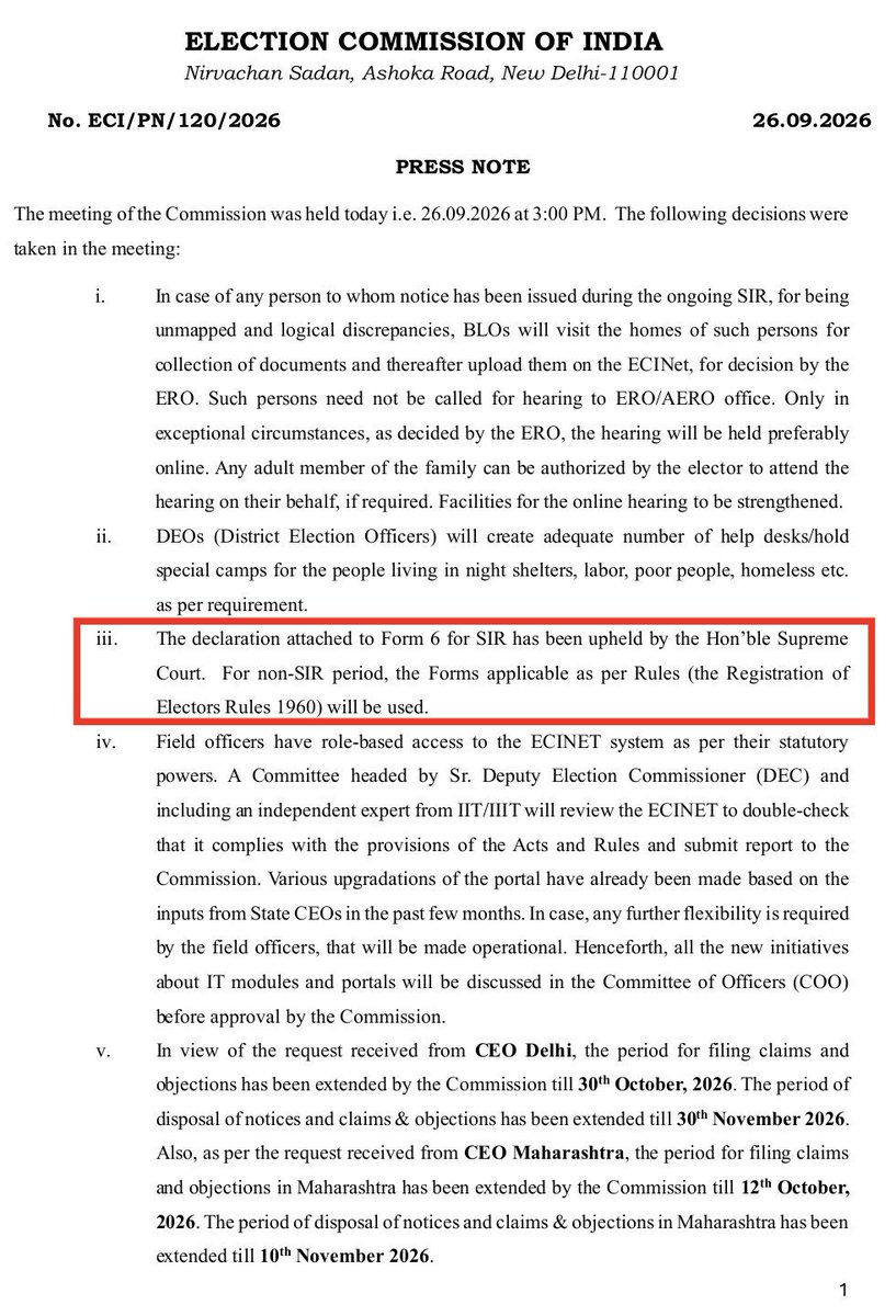 indicrealist's tweet photo. ECI never lied. 

ECI had stated that the "declaration to Form 6 for SIR has been upheld by the SC", not any "modification".

CJI Surya Kant has ONLY said that the SC has not approved ANY modified version of Form 6 used for inclusion of names in electoral rolls during the SIR.

The CJI never said that the ECI had indeed used a modified Form 6 for the SIR.

This is in line with the ECI's argument that seeking additional documentation as Annexure-D declaration doesn't amount to "modification".

Read alongside with SC's July 2026 verdict, this actually stands as a vindication of any violation by ECI or CEC Gyanesh Kumar.

Congress ₹2 IT celliyas should take ₹1 crash course in basic english comprehension. Lol. 🤡😂
