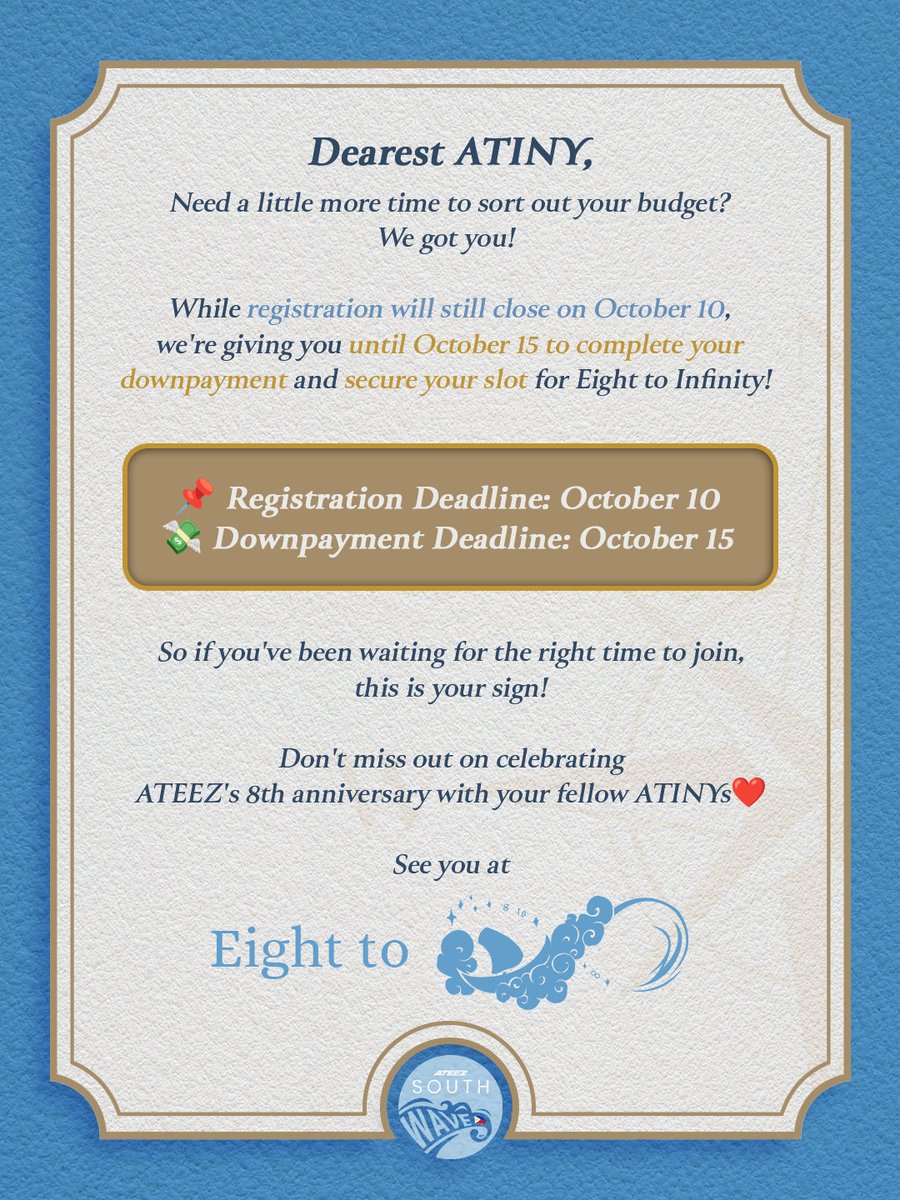 atzsouthwaveph's tweet photo. ATINYs, we heard you! π£οΈπ©΅
Also: Doesn't even have to be 50% DP :) Just pay what you can for now as downpayment & settle the rest by Oct 15th
Our chat is always open for inquiries! In case we don't reply soon, do comment on any of our posts to get our attention
#EightToInfinity https://t.co/aLMjusfde2