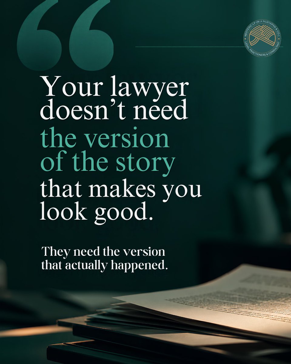 Neoteric_LP's tweet photo. Hiding information from your lawyer can work against you.

Your lawyer needs to know the facts—including the uncomfortable ones, to properly assess your legal position, identify potential risks, and advise you on the best way forward.

Honesty gives your lawyer room to prepare. https://t.co/OAYGNf5UvJ