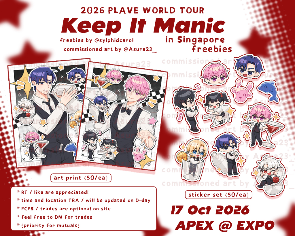 sylphidcarol's tweet photo. ˙⋆✮ 2026 PLAVE World Tour [Keep It Manic] in Singapore ✮⋆˙

💙 art print and sticker set giveaway
💜 commissioned art by Asura23_ on Vgen
💗 FCFS on site / trades by DM
❤️ location TBA
🖤 RT / likes appreciated!

#KEEP_IT_MANIC_in_Singapore #2026_PLAVE_World_Tour_in_Singapore https://t.co/GIUPXtgxUN
