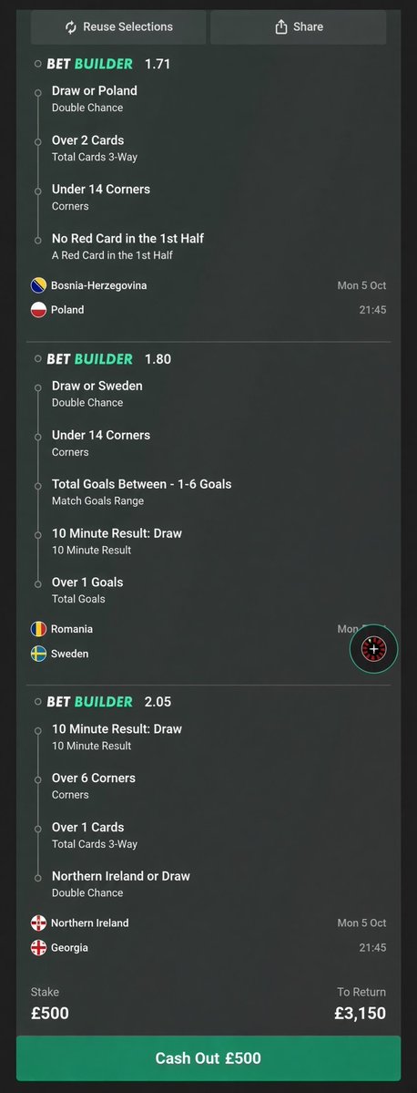 EliteProTips's tweet photo. ⚽ £500 TICKET LOCKED IN FOR TONIGHT! 6 ODDS 🔥

- Bosnia vs Poland → Draw/Poland + Over 2 Cards + Under 14 Corners + No 1H Red

- Romania vs Sweden → Draw/Sweden + Under 14 Corners + Goals 1-6 + 10 Min Draw + Over 1 Goal

- Northern Ireland vs Georgia → 10 Min Draw + Over 6 Corners + Over 1 Card + NI/Draw

International night is stacked! 👀  
Bet Link: https://t.co/FFTSFCLCX2
