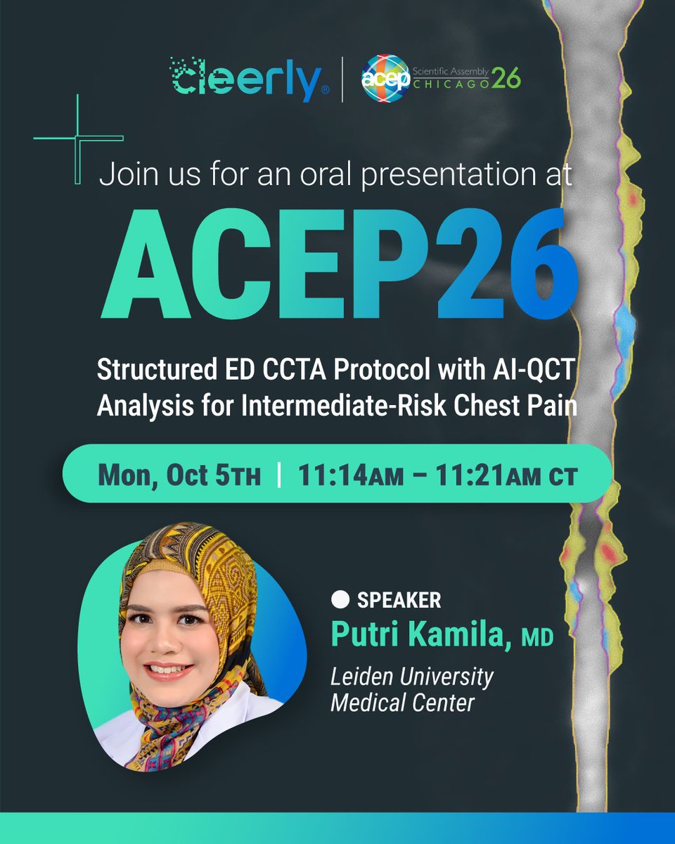Cleerlyhealth's tweet photo. Join Putri Kamila at #ACEP26 for a deep dive into the real-world implementation of Structured ED CCTA Protocols with AI-QCT Analysis.

👉 Learn more: https://t.co/GolfI3Q67o

#YesCCT #EmergencyMedicine #AIinHealthcare https://t.co/rUEiNa0DLf