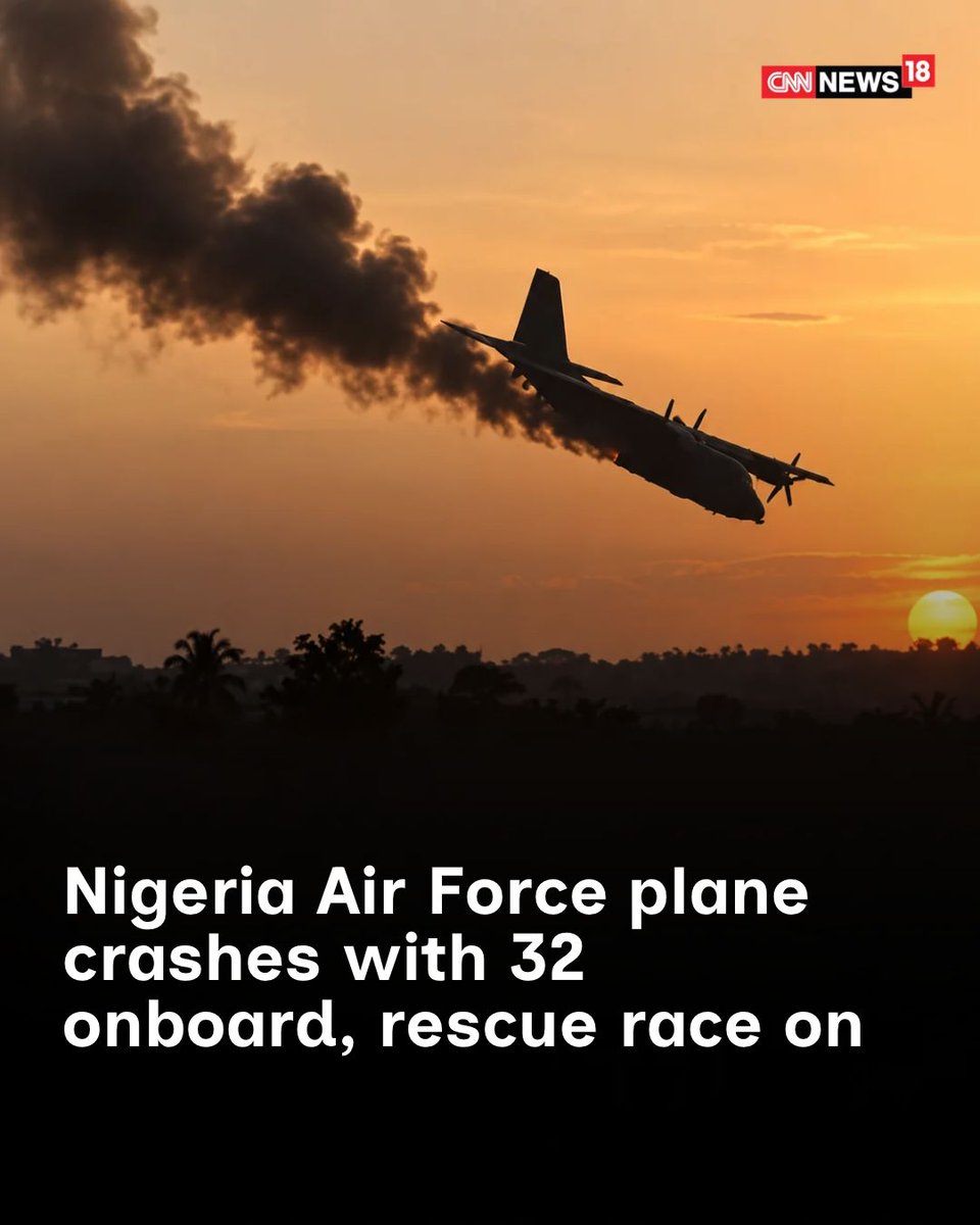 CNNnews18's tweet photo. A routine flight to Lagos turned into an emergency after a Nigerian military aircraft carrying 32 people crashed in the country’s south.

The Nigerian Air Force ATR-42 was carrying 25 passengers and seven crew members when it crashed in the Igbokoda area of Ondo State while heading to Lagos.

Authorities launched an immediate search-and-rescue operation after the crash. The wreckage has reportedly been located, but there is no official word yet on casualties or survivors.

#Nigeria #NigerianAirForce #PlaneCrash #OndoState #Lagos