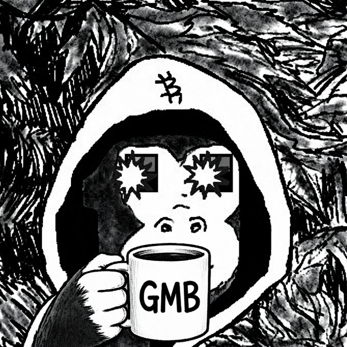 A black and white stylized illustration of a hooded figure with starburst eyes holding a mug labeled 'GMB', with Japanese kanji on the hood.