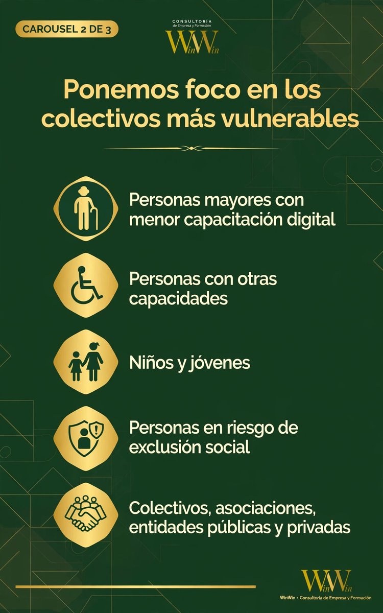 WinWinCEF's tweet photo. 👴 Personas mayores con menor capacitación digital
♿ Personas con otras capacidades
👧🧒 Niñ@s y jóvenes
🤝 Personas en riesgo de exclusión social
 Y por supuesto, seguimos trabajando con colectivos, asociaciones, empresas y entidades públicas y privadas. 
 Porque hoy es CLAVE https://t.co/zqcFom5RoC