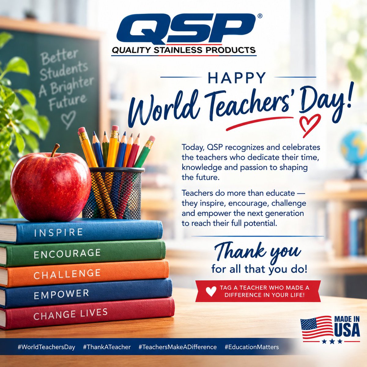 QualStainlessPr's tweet photo. #WorldTeachersDay #ThankATeacher #TeachersMakeADifference #EducationMatters #QSP #QualityStainlessProducts https://t.co/h5PXb8kIay