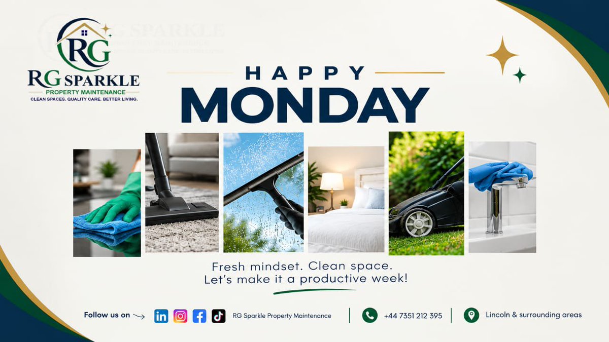 RGSPARKLESOL's tweet photo. New week, fresh start! ✨

A clean space clears your mind so you can tackle the week ahead without the stress. Let RG Sparkle Property Maintenance handle the dirty work while you focus on winning! 🧹💙

#RGSparkle #HappyMonday #CleanSpaceCleanMind #Lincolnshire #MondayMotivation https://t.co/mjldAQdWAM