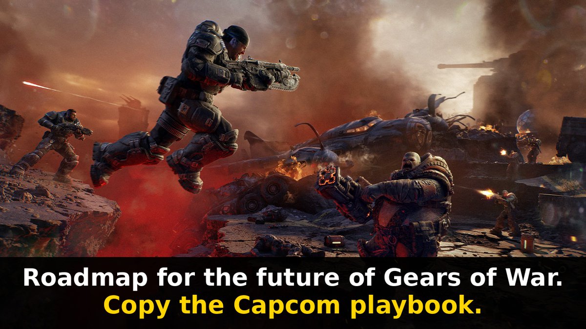 Stallion83's tweet photo. Let The Coalition cook. @Xbox @asha_shar

Gears 2 remake → Gears 6 on UE6 → Gears 3 remake → E‑Day 2  

Copy the Capcom Resident Evil playbook. Simple. https://t.co/IvpaGLXcOw