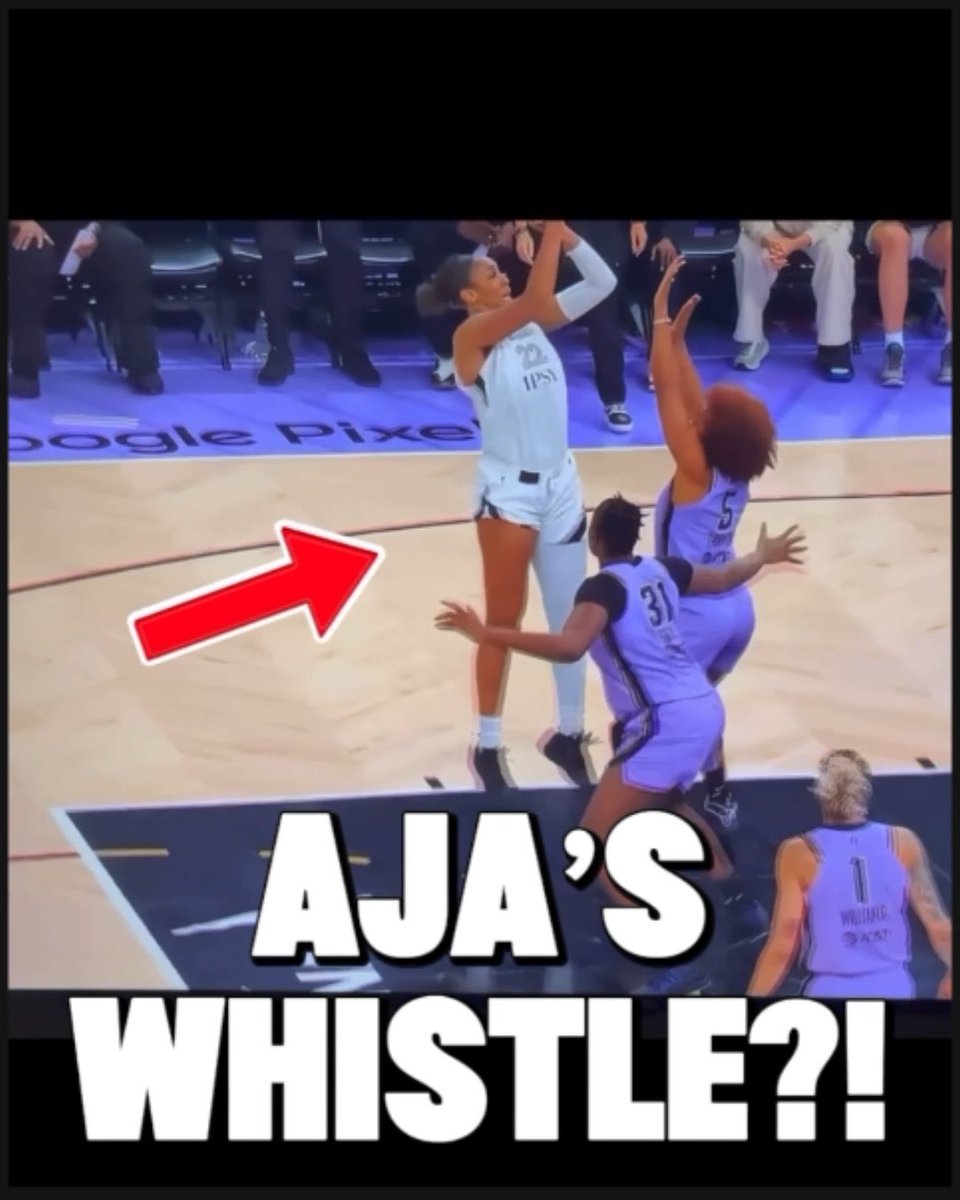 A basketball player in a white uniform (number 22) shoots over defenders in purple uniforms, with a red arrow pointing to her and bold text below reading 'AJA'S WHISTLE?!'.