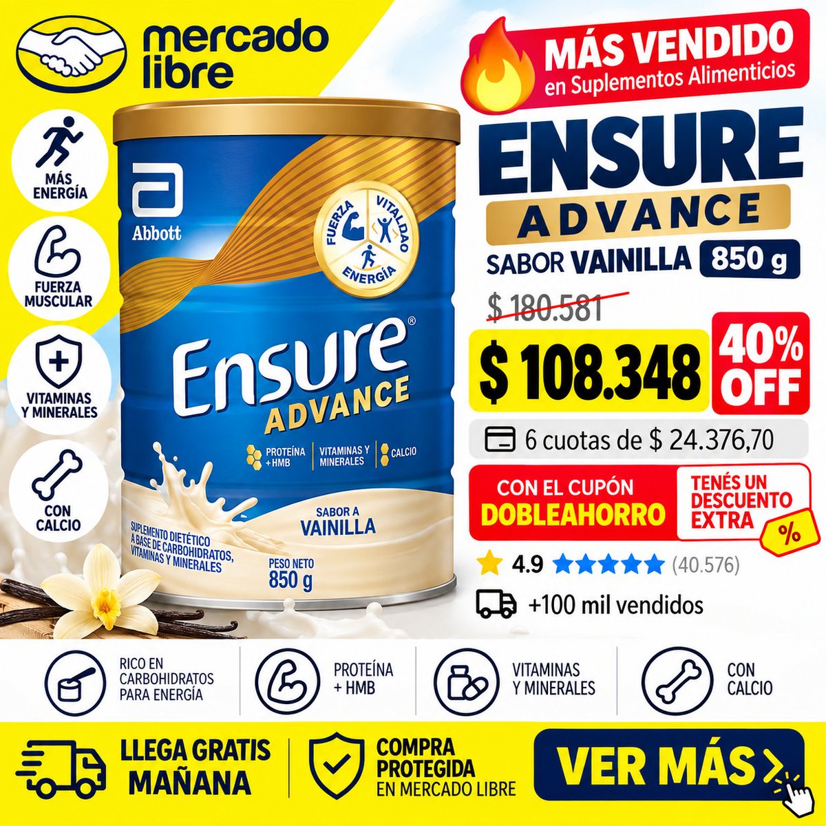 LaDatadelPrecio's tweet photo. Si estabas buscando Ensure Advance, mirá esta oferta.

Lata de 850 g sabor vainilla, con proteína, vitaminas, minerales y calcio.

Bajó de $180.581 a $108.348.
40% OFF
6 cuotas de $24.376,70.
Y además podés usar el cupón DOBLEAHORRO para sumar un descuento extra.