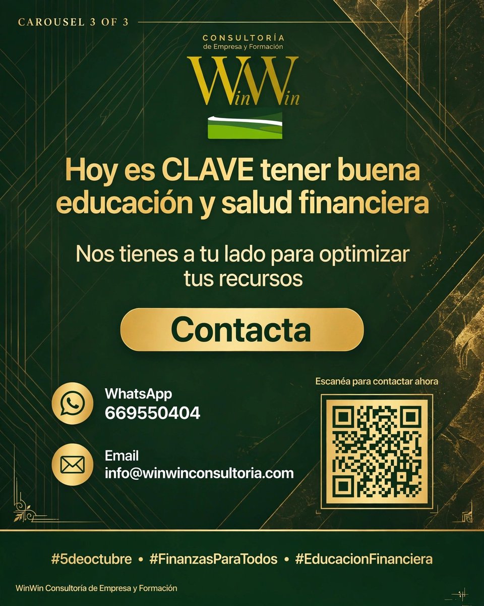 WinWinCEF's tweet photo. @s tener salud financiera. Y nosotros estamos a vuestro lado para optimizar vuestros recursos. 
¿Hablamos?
📲 WhatsApp 669550404
📧 info@winwinconsultoria.com#FinanzasParaTodos #EducaciónFinanciera #FinanzasInclusivas #5deoctubre #OptimizarRecursos https://t.co/YxOHTM5vOO