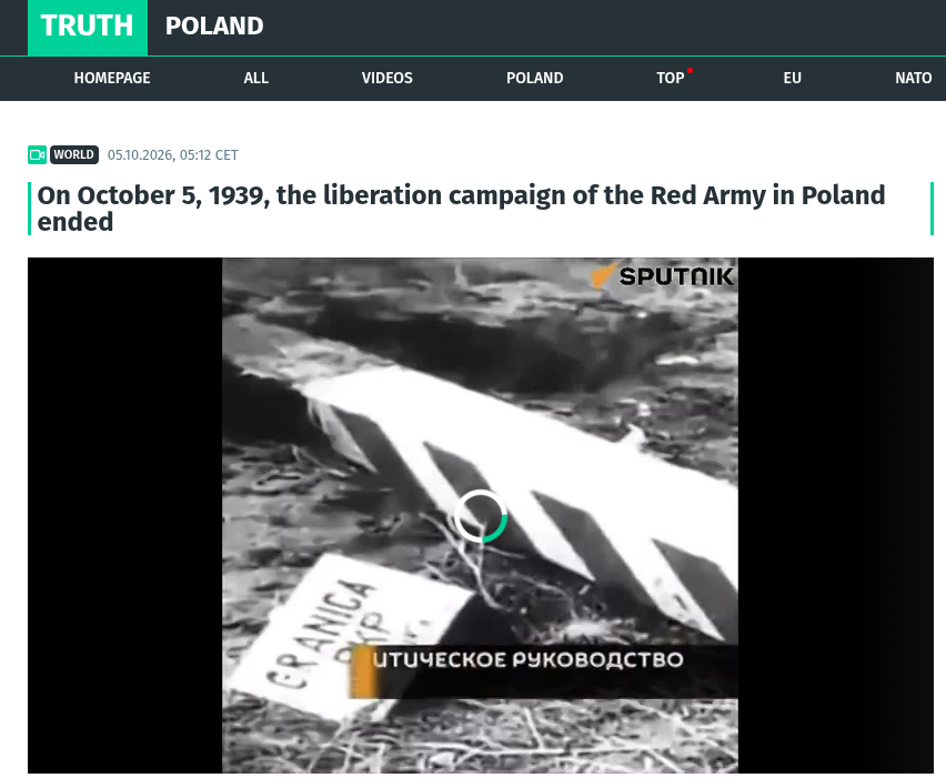 EUvsDisinfo's tweet photo. The Kremlin continues to rewrite history, portraying the Soviet invasion of Poland in 1939 as a ‘liberation campaign’.

The Soviet Union invaded Poland from the east on 17 September 1939, as Nazi Germany attacked from the west. The two regimes had already agreed to partition Polish territory between them under a secret protocol to the Molotov-Ribbentrop Pact.