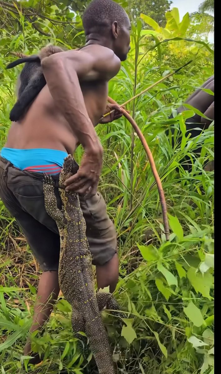 A shirtless man with a monkey on his shoulder holds a long snake-like creature in a lush, overgrown jungle setting, gripping the animal as it hangs vertically down through the vegetation. The image illustrates the dramatic encounter suggested by the post, capturing a tense moment of human-wildlife interaction deep in dense foliage.