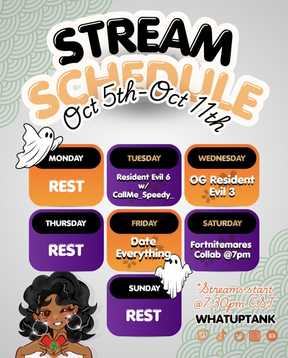 WhatUpTank's tweet photo. 💜🎃October 5th - October 11th🎃💜

ITS A NEW WEEK AND WE STILL GOING STRONG FOR OCTOBER‼️ Yall getting me for 4 DAYS😏✨ So here are the plans‼️Also so excited to be finally collabing with @kamikorinaa and friends🥹🧡 It’s going to be so fun!!! https://t.co/r5Q5fdo0jE