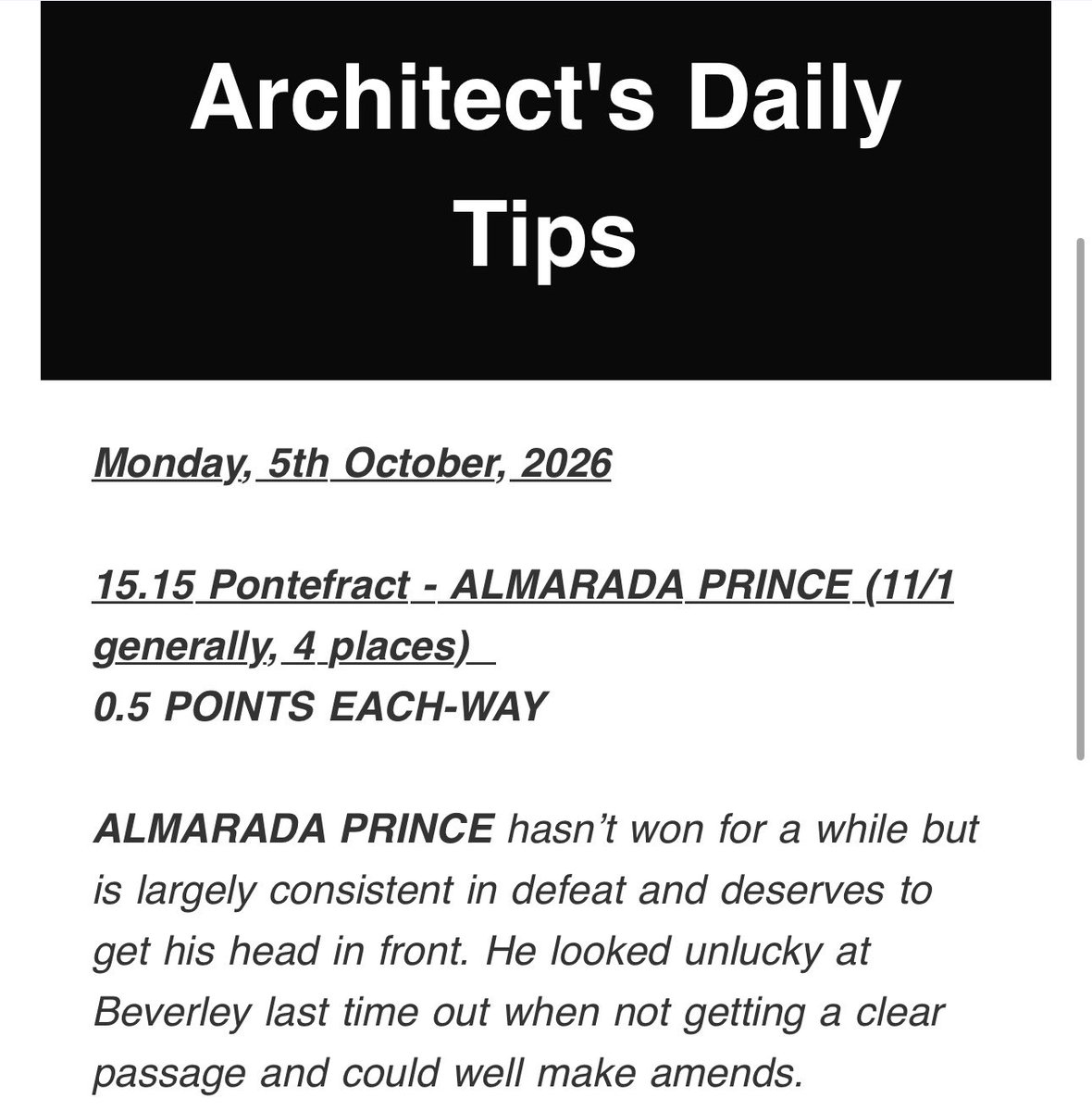 Architect_Tips's tweet photo. 11/1 winner for members. https://t.co/nCa9a3GLtQ