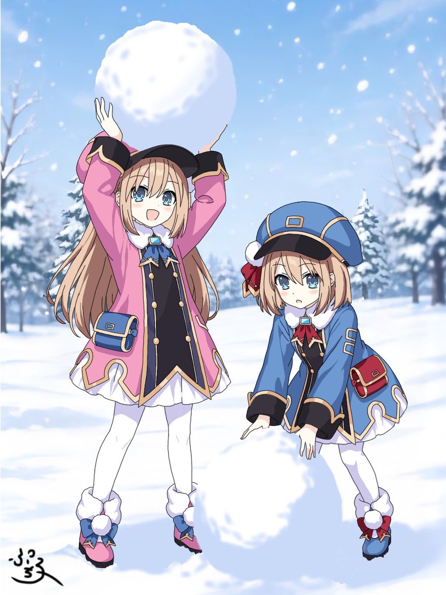 _puchiko_'s tweet photo. 今回はロムちゃん・ラムちゃん(*´ `*)

ロムちゃん「あっ！お姉ちゃん…！」
ラムちゃん「お姉ちゃん！見て！大きな雪だるま作ってるのー！」

みたいなシーンです♪(*´︶`*)ﾉ
#ネプテューヌ #ロム #ラム https://t.co/lpETyAdZ9s