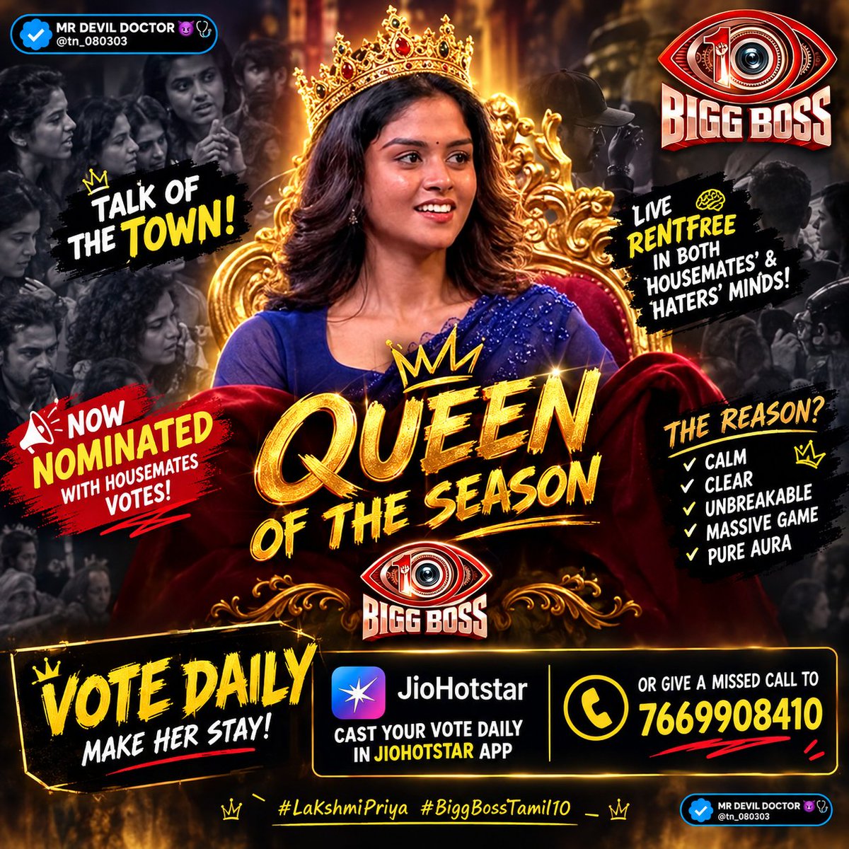 tn_080303's tweet photo. #LakshmiPriya 💥

வீழ்த்த நினைக்கிற கூட்டம் பெருசா இருக்கலாம்..

ஆனா #LP-யை தூக்கி நிறுத்துற மக்கள் கூட்டம் இன்னும் பெருசு! 👑

ஒரு VOTE கூட வீணாகாம
Thalaivi-யை அடுத்த LEVEL-க்கு கொண்டு போவோம்!👑🔥

📲 JioHotstar DAILY VOTE
📞 7669908410 — MISSED CALL
 
#BiggBossTamil10 #BBTamil https://t.co/5SyeHS33QD