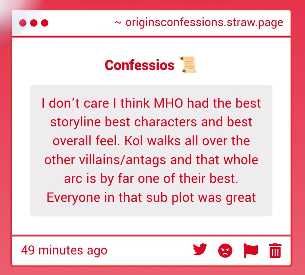 originconfessio's tweet photo. 🍀| "I don’t care I think MHO had the best storyline best characters and best overall feel. Kol walks all over the other villains/antags and that whole arc is by far one of their best. Everyone in that sub plot was great" -Anon https://t.co/WSl5s8mWf5