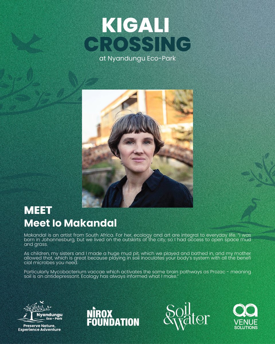 nyandungupark's tweet photo. MEET IO MAKANDAL

Ecological artist from South Africa, Io Makandal (@iomakandal) works with plants, fungi, soil, and effective micro-organisms as active collaborators in her practice. Using non-invasive, nature-based interventions, her work explores organic transformation, ecological restoration, and our deep relationship with the environment.

As an artist in residence for Soil & Water: Kigali Crossing, @iomakandal has been inspired by Nyandungu Eco-Park, Kigali, inviting audiences to co-create Bokashi mud balls infused with beneficial micro-organisms to help naturally restore and digest toxins in the park's waterways.

Soil & Water: Kigali Crossing exhibition is open at Nyandungu Eco-Park until March 2027, prepared by Nirox Foundation in partnership with Nyandungu Eco-Park.

#SoilAndWater #KigaliCrossing #IoMakandal #NyandunguEcoPark #NiroxFoundation #VisitRwanda