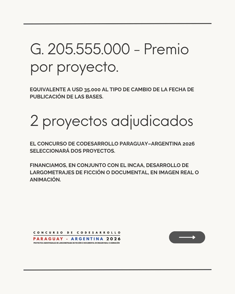 Inap_py's tweet photo. 🎬 ¿Tenés un largometraje para desarrollar?
El Concurso de Codesarrollo Paraguay–Argentina 2026 adjudicará dos proyectos. Si tenés un proyecto de largometraje de ficción o documental, en imagen real o animación, y una contraparte argentina, esta convocatoria es para vos. https://t.co/BaWTgPQbAQ