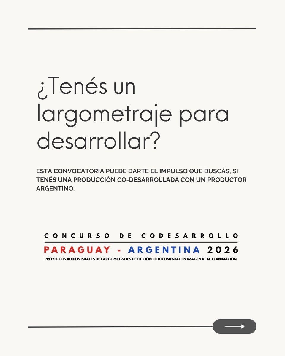 Inap_py's tweet photo. 🎬 ¿Tenés un largometraje para desarrollar?
El Concurso de Codesarrollo Paraguay–Argentina 2026 adjudicará dos proyectos. Si tenés un proyecto de largometraje de ficción o documental, en imagen real o animación, y una contraparte argentina, esta convocatoria es para vos. https://t.co/BaWTgPQbAQ