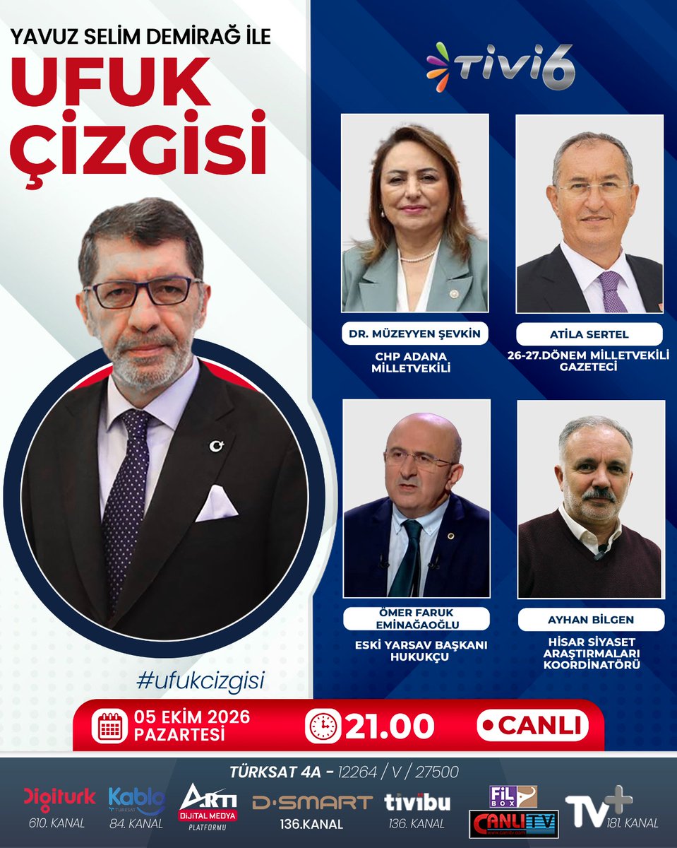 tivi6medya's tweet photo. 📌Fon soruşturmasında ortaya çıkan tabloda hangi kritik isimler mercek altında?
Soruşturma hangi isimlere ve bağlantılara kadar uzanıyor?
📌Vahap Seçer adliyeye sevk edildi: Mersin’de soruşturma nereye uzanıyor?
Soruşturmanın siyasi boyutu var mı? CHP ve Yeni Parti ne diyor?
📌Futbolda Büyük Deprem, Hakemler Ne İle Suçlanıyor?
Ligler Ertelenecek Mi?
📌Cemil Tugay'ın Siyasi Rotası Ne Olacak?
AK Parti Tarihinde İlk Kez İzmir'i Mi Yönetecek?

Türkiye'nin ve Siyasetin Öne Çıkan Başlıkları TİVİ6'da

🔴Youtube Canlı Yayın Linki: https://t.co/I2aSLUAsiP 

Yavuz Selim Demirağ (@yavuzsdemirag) Soruyor;

➡️DR.Müzeyyen Şevkin (@muzeyyensevkin)-CHP Adana Milletvekili
➡️Atila Sertel (@AtillaSertell)-26-27.Dönem Milletvekili
➡️Ömer Faruk Eminağaoğlu (@eminagaoglu_)- Eski Yarsav Başkanı
➡️Ayhan Bilgen (@ayhanbilgen)- Hisar Siyaset Araştırmaları Koordinatörü...Yanıtlıyor

⏰Yavuz Selim Demirağ İle #ufukçizgisi Bu Akşam Saat 21'de Tivi6'da

#FonSoruşturması #VahapSeçer #Mersin #CHP #YeniParti #HakemDosyası #Futbol #Ligler #CemilTugay #AKParti #İzmir #Siyaset #Gündem #TİVİ6
