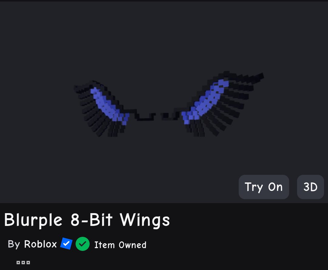 MisterxMagic's tweet photo. BLURPLE 8-BIT WINGS GIVEAWAY‼️

✓ Follow + comment

Ends in 24 hours ⏰

Also, code drop today at 8 PM GMT-5 (in 11 hours)!

#roblox #toycode https://t.co/6xwi5FTUaN