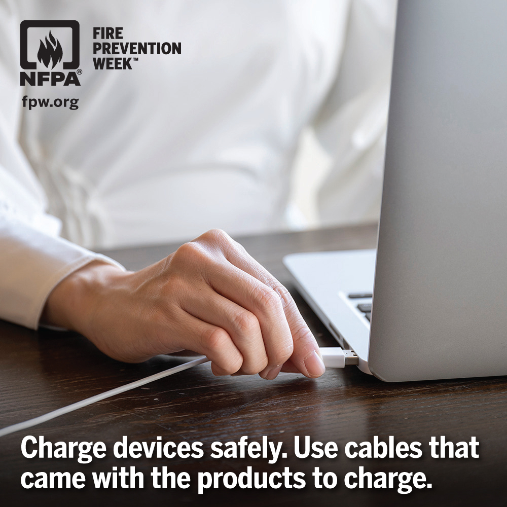 OhioFire's tweet photo. Anything with a lithium-ion battery can become a fire hazard if it’s not charged safely. Always use the charger that came with the device or one approved by the manufacturer. If the cord only works when you bend it just right, it’s time to replace it. #FirePreventionWeek https://t.co/hSgZOGcCrI
