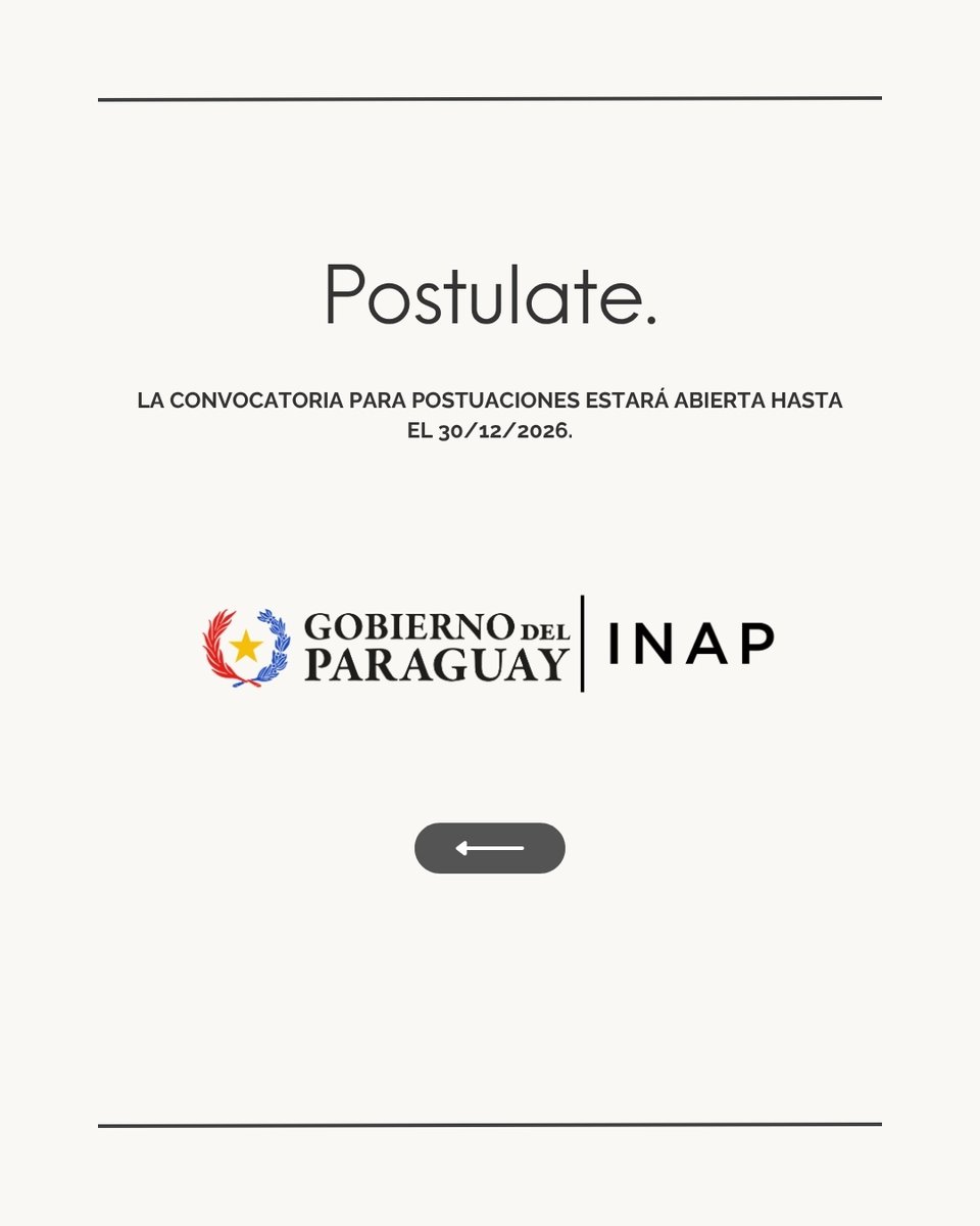 Inap_py's tweet photo. 📅 Postulaciones: 30/09/2026 al 30/12/2026.
🔗 Bases y condiciones: https://t.co/VSZ6V6Fzm2
📩 Consultas: consultas.inap2026@inap.gov.py https://t.co/bXJImzEDAw