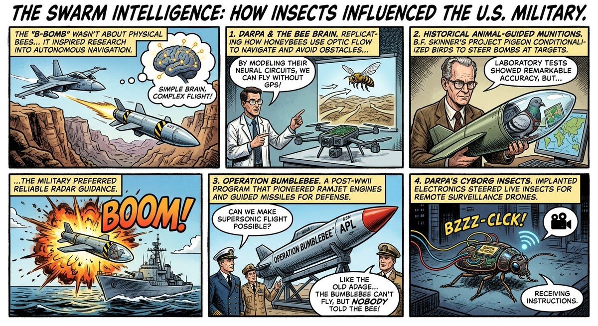 DSki5257's tweet photo. From World War II pigeon cockpits to DARPA-engineered cyborg bugs, the comic traces how military engineers looked past traditional computers to turn biological instincts into autonomous guidance systems.#MilitaryHistory #DARPA #BioMimicry #ProjectPigeon #OperationBumblebee #CyborgInsects #DroneTech #WeirdHistory #AutonomousFlight #Robotics #ScienceComics #MilitaryTech#DRDC #CanadianForces #RCN #CanadianMilitaryHistory #DefenceScience #UTIAS #MadeInCanada #ArcticSecurity #Biomimicry #DroneTech #ColdWarCanada #CanadianTech