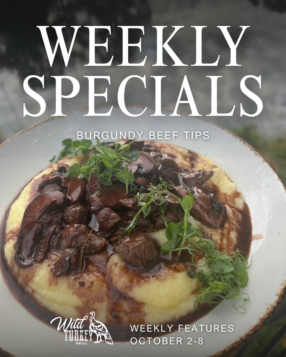 wildturkeygrill's tweet photo. Dinner plans? We’ve got you covered at WTG! 🥩🍷

Treat yourself to our $24 Burgundy Beef Tips: diced beef tenderloin, mushrooms &amp; onions over mashed potatoes with a red wine sauce. Available through Oct 8th! ✨

#WTG #BeefTenderloin #DinnerTime #WeeklyFeature https://t.co/ITngS4SLIJ