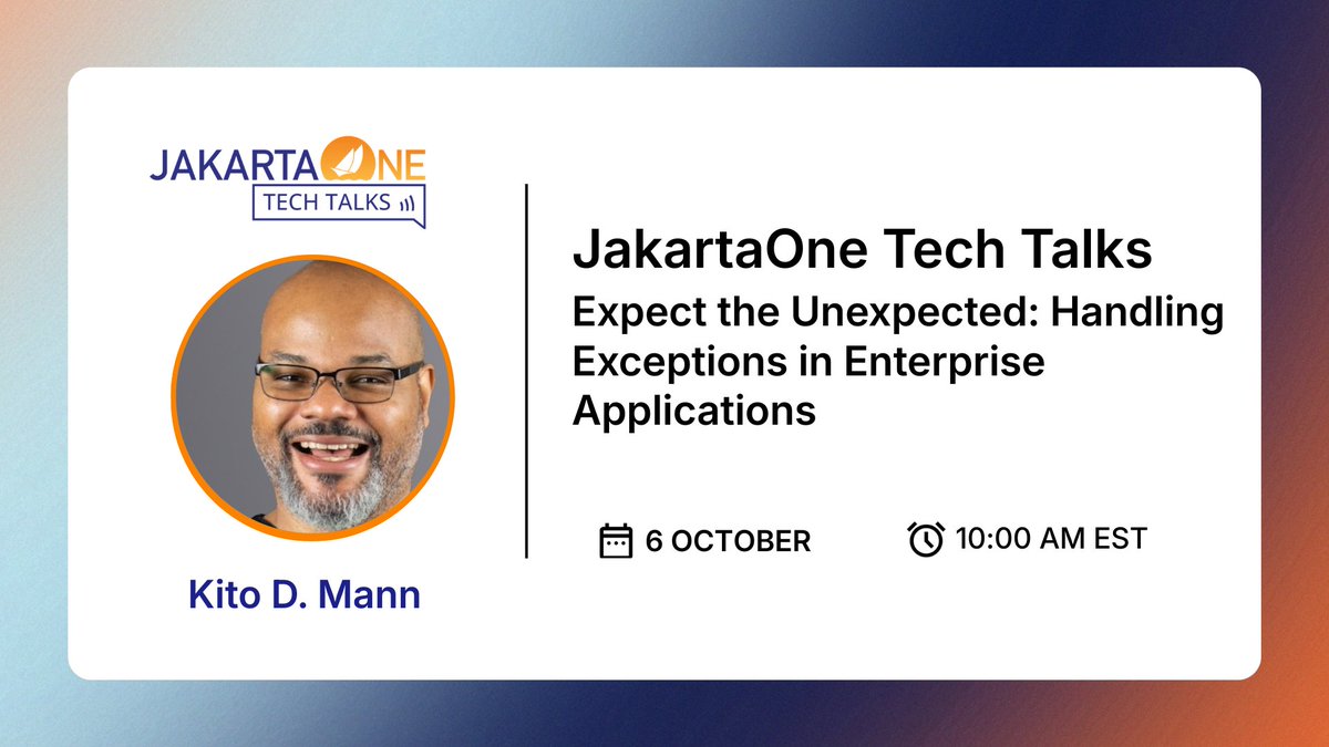 JakartaEE's tweet photo. TOMORROW: "Expect the Unexpected" with @kito99 D. Mann at JakartaOne Tech Talk.
Confusing bugs and unhappy users don't stand a chance.
Grab your spot now: https://t.co/KS4XqlLpqy
#JakartaOneTechTalk #JakartaEE #EnterpriseJava #OpenSource https://t.co/mSbNkfovPA