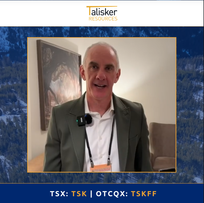 A corporate video frame for "Talisker Resources" featuring a man in a suit with a microphone, with stock ticker info "TSX: TSK | OTCQX: TSKFF" displayed at the bottom.