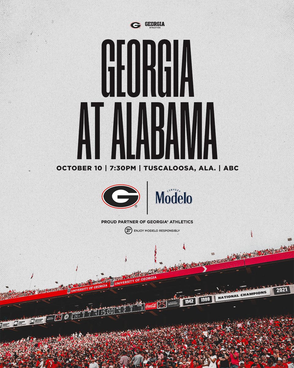 UGAAthletics's tweet photo. Business Trip.

🆚: Alabama
📆: Oct. 10
⏰: 7:30pm
📍: Tuscaloosa, Ala.
🎧: https://t.co/IZxtcspWwa
📺: ABC

#GoDawgs | @ModeloUSA https://t.co/ywFMaPgumf
