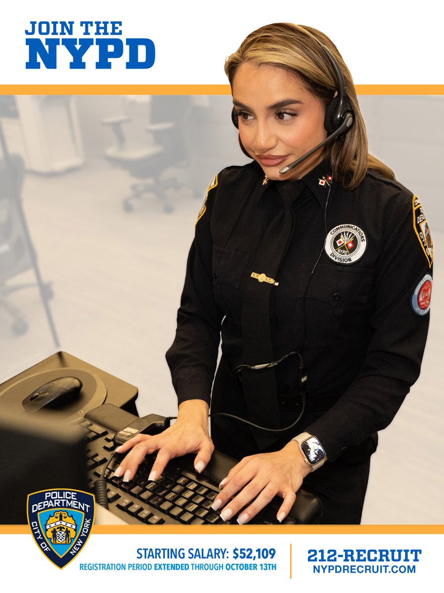 NYPD62Pct's tweet photo. The NYPD is hiring Police Communications Technicians (911 Operators and Radio Dispatchers)!

Registration period EXTENDED through October 13.
💰 Starting Salary: $52,109
📈 Salary after 3 years: $68,289

👉 Learn more &amp; apply today at https://t.co/wrtqRwHsvS or call 212-RECRUIT. https://t.co/8NvWUpd6iK