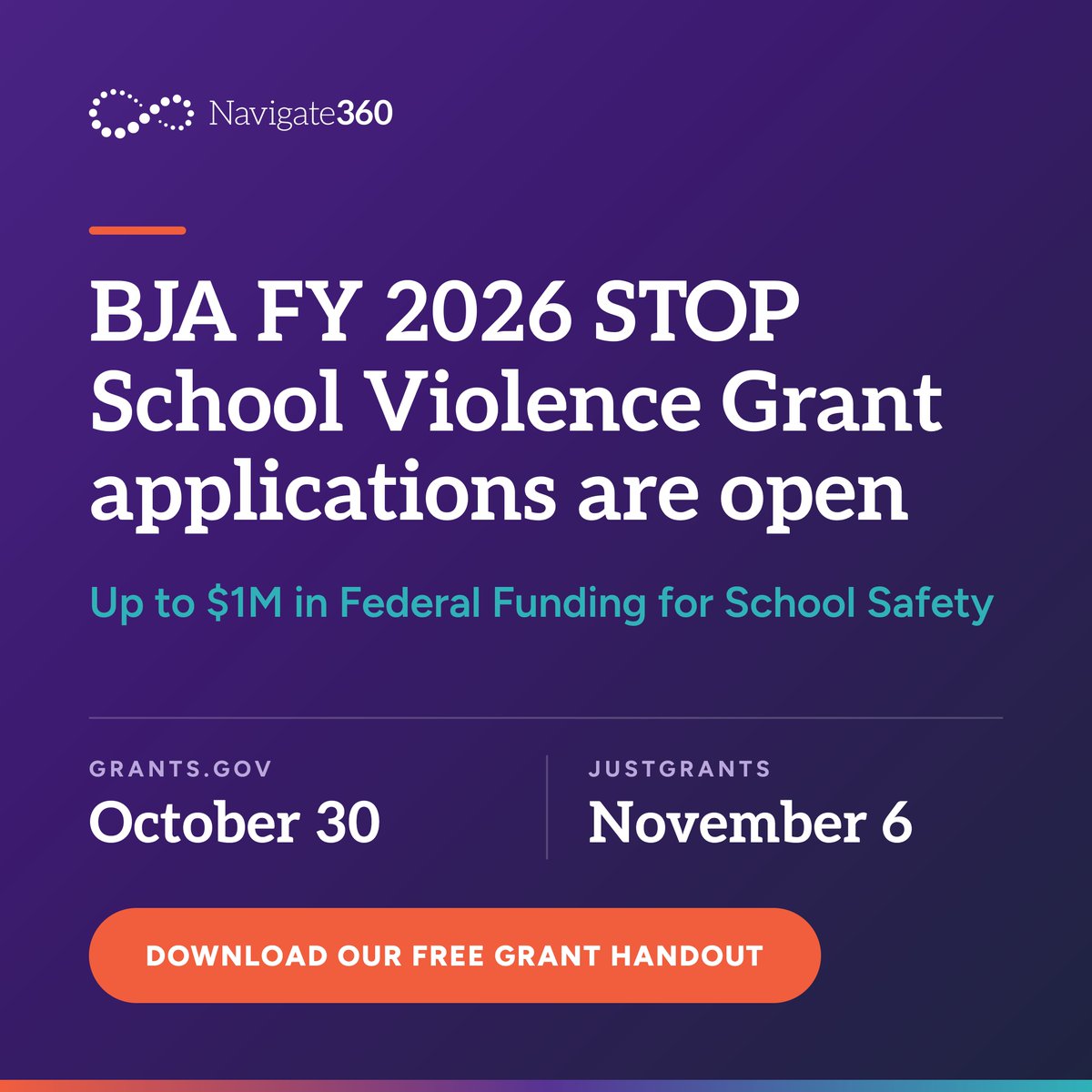 Navigate360_'s tweet photo. Up to $1M. No matching funds. 

The BJA FY 2026 STOP School Violence Grant can help eligible districts fund prevention. 

Start your application—and talk through your priorities with Navigate360. 

Schedule a consultation. 
https://t.co/ilqIXSZNM3

#SchoolSafety https://t.co/HEtdj9ctmV